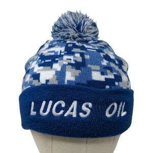Lucas Oil Men's Knit Beanie Hat Cap Blue Camouflage Acrylic Blend Pom Pom